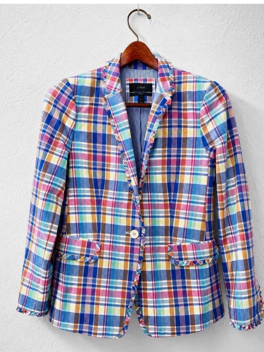 J Crew NWT Regent Blazer Womens Multicolor Madras Plaid Ruffle Trim Jacket - Picture 3 of 11